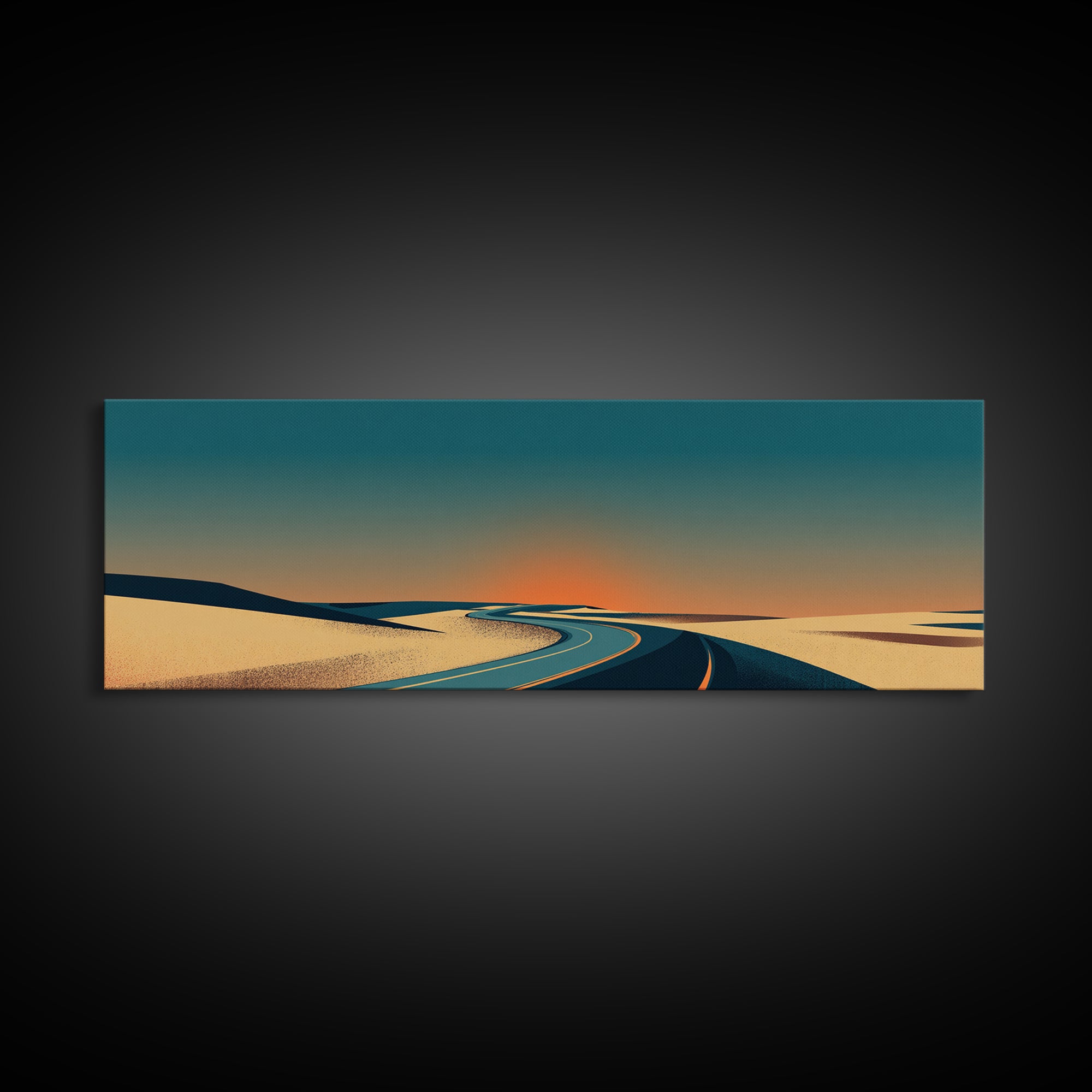 Minimal Sunset Desert Road Canvas Print, Mid Century Modern Landscape Wall Decor, Retro Travel Poster, Warm Neutral Art Print