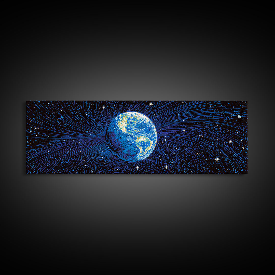 Blue Earth Magnetosphere And Starfield Wall Art, Retro Space Science Poster, Modern Digital Art Print For Office Decor And Astronomy Gift