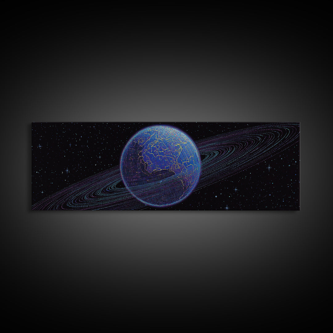 Ringed Blue Planet In Starry Space Canvas Print, Retro Sci Fi Wall Decor, Modern Digital Art Poster For Office And Bedroom