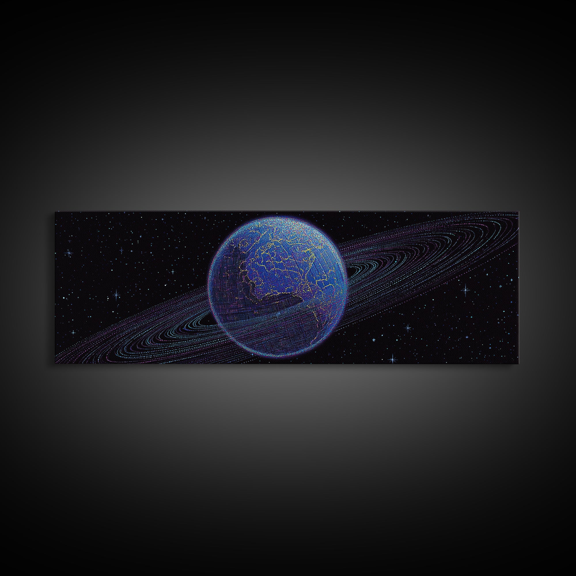 Ringed Blue Planet In Starry Space Canvas Print, Retro Sci Fi Wall Decor, Modern Digital Art Poster For Office And Bedroom