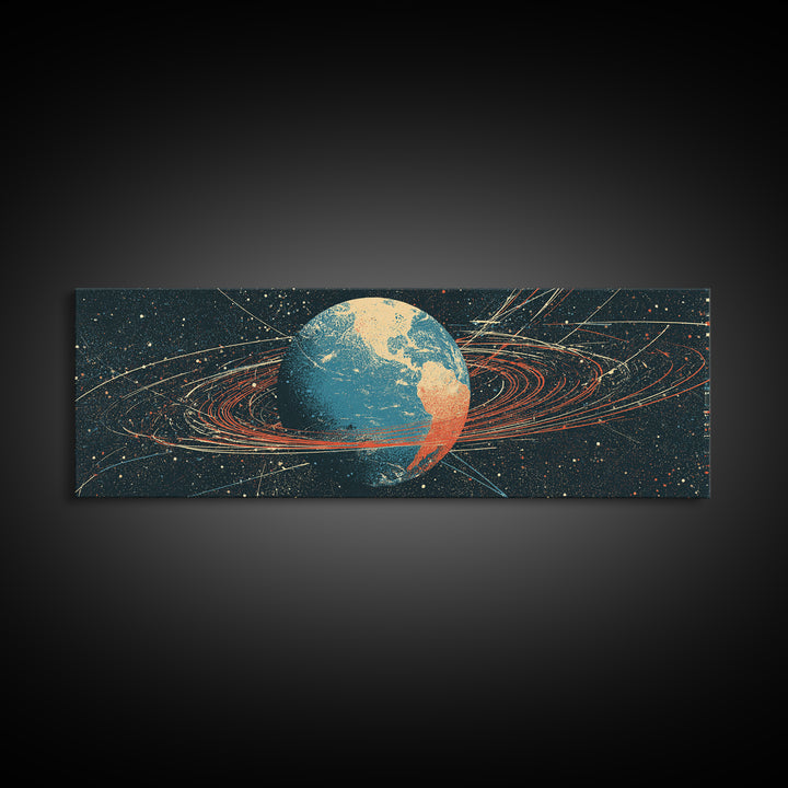 Retro Earth Orbit Lines And Star Map Wall Art, Mid Century Modern Space Poster, Scientific Astronomy Print For Office Decor