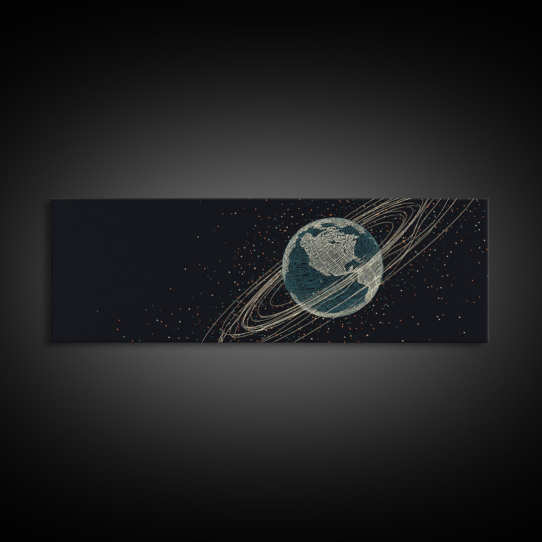 Dark Earth With Orbital Rings Framed Canvas Print, Retro Space Science Wall Decor, Modern Astronomy Art For Home Office Gift