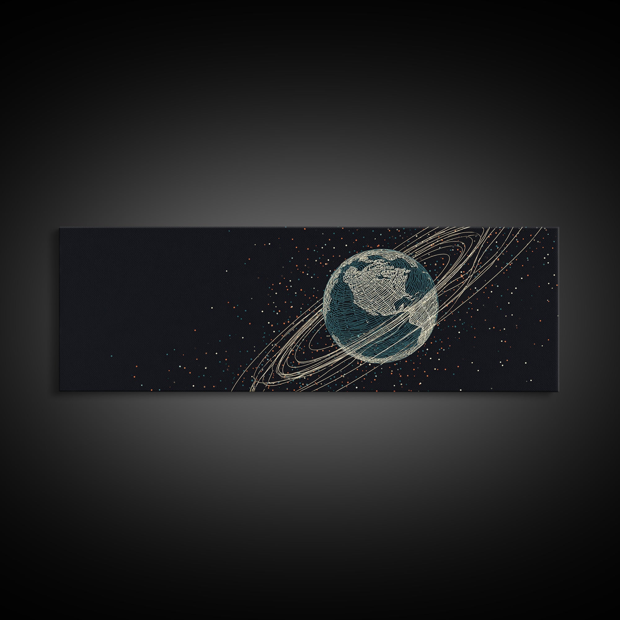 Dark Earth With Orbital Rings Framed Canvas Print, Retro Space Science Wall Decor, Modern Astronomy Art For Home Office Gift