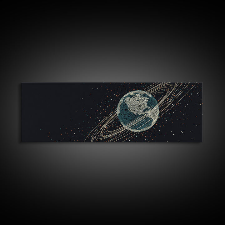 Dark Earth With Orbital Rings Framed Canvas Print, Retro Space Science Wall Decor, Modern Astronomy Art For Home Office Gift