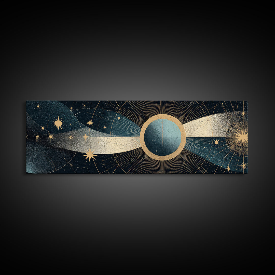 Abstract Solar Eclipse With Golden Stars Wall Art, Mid Century Modern Celestial Poster, Cosmic Retro Print For Living Room