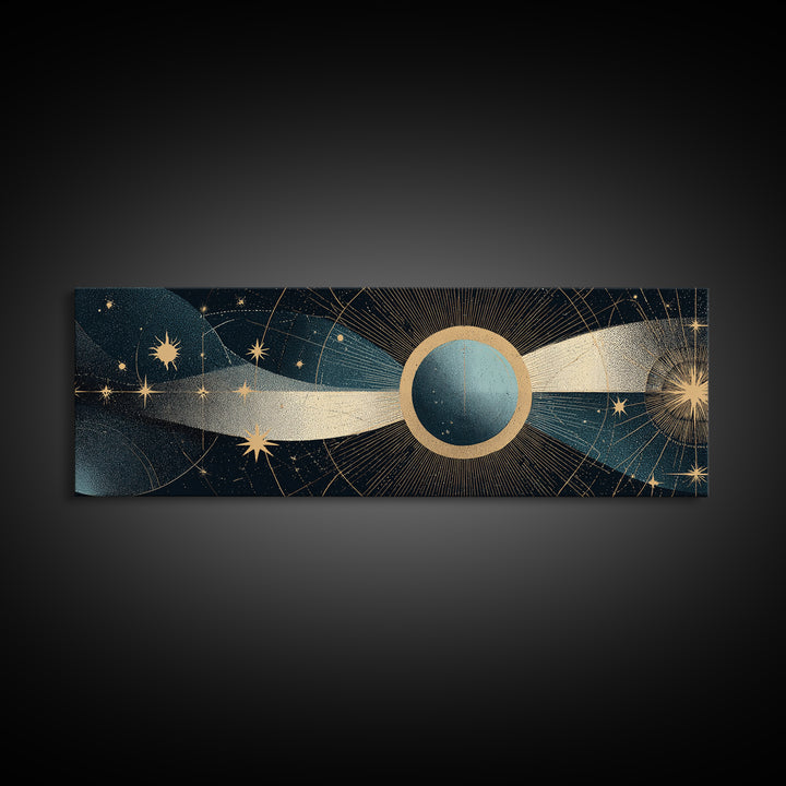 Abstract Solar Eclipse With Golden Stars Wall Art, Mid Century Modern Celestial Poster, Cosmic Retro Print For Living Room