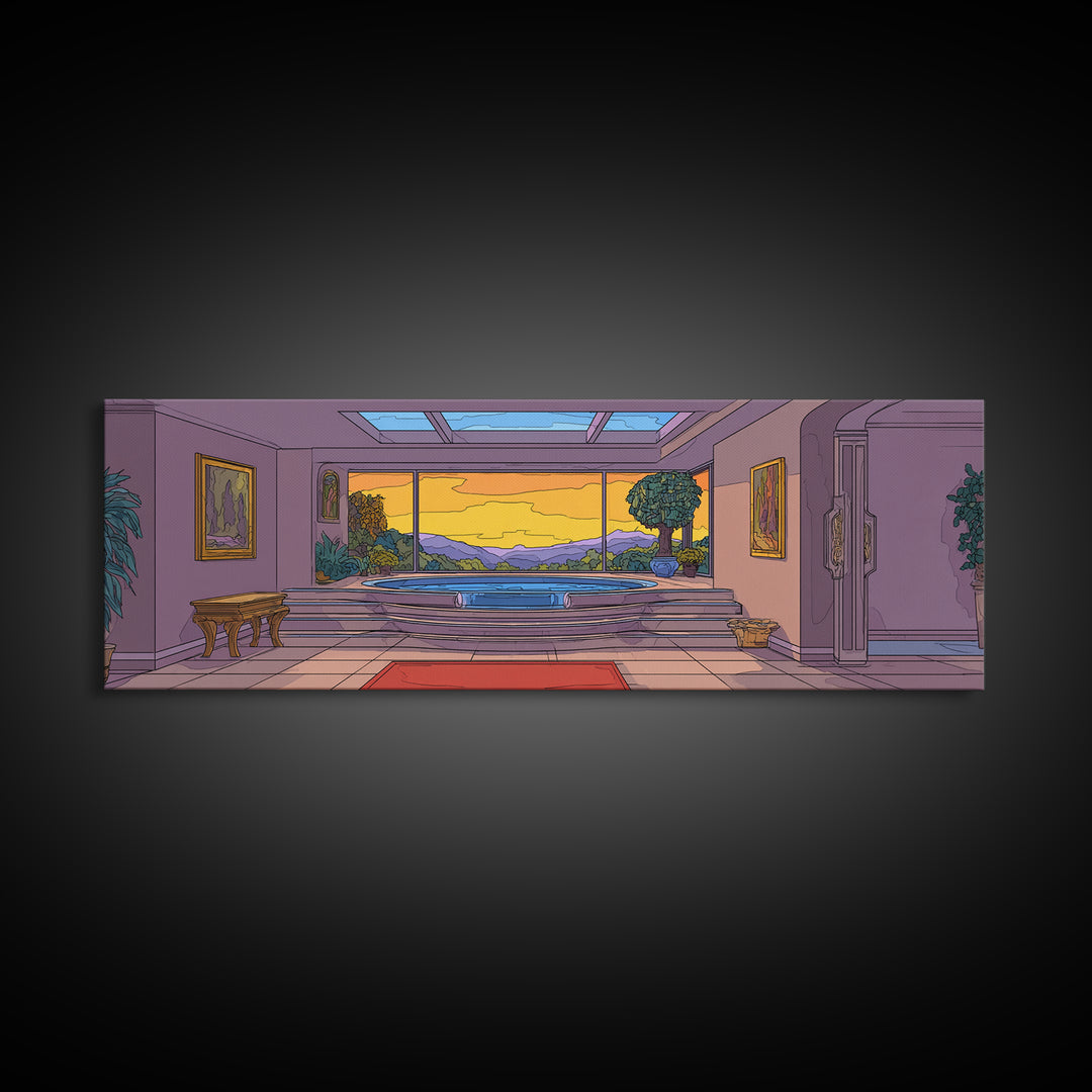 Retro Modern Interior With Sunset Mountain View Wall Art, Mid Century Modern Home Decor, Architectural Landscape Poster Print