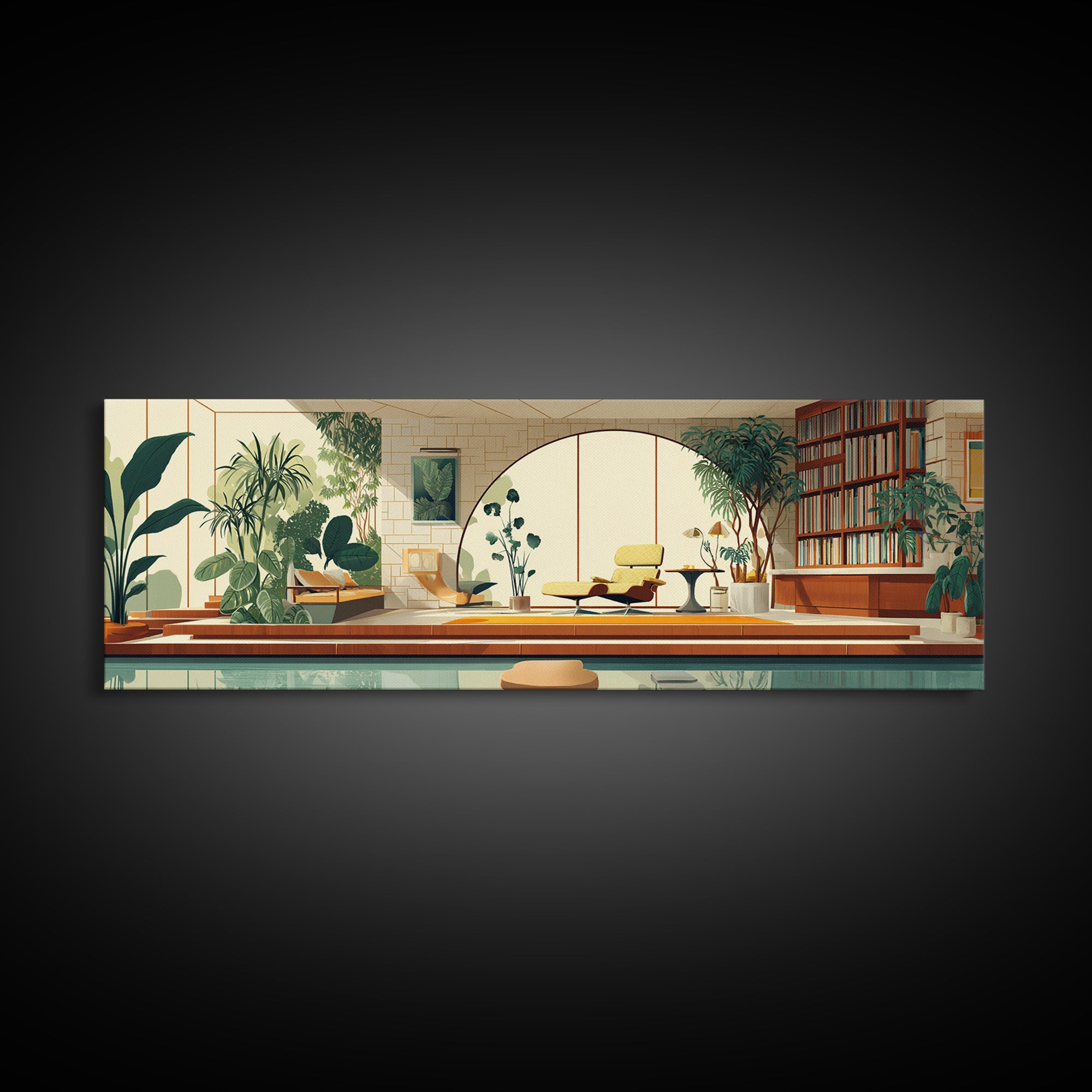Sunlit Indoor Pool Atrium With Plants Wall Art, Midcentury Modern Decor, MCM Home Office, Retro Architectural Living Room Print