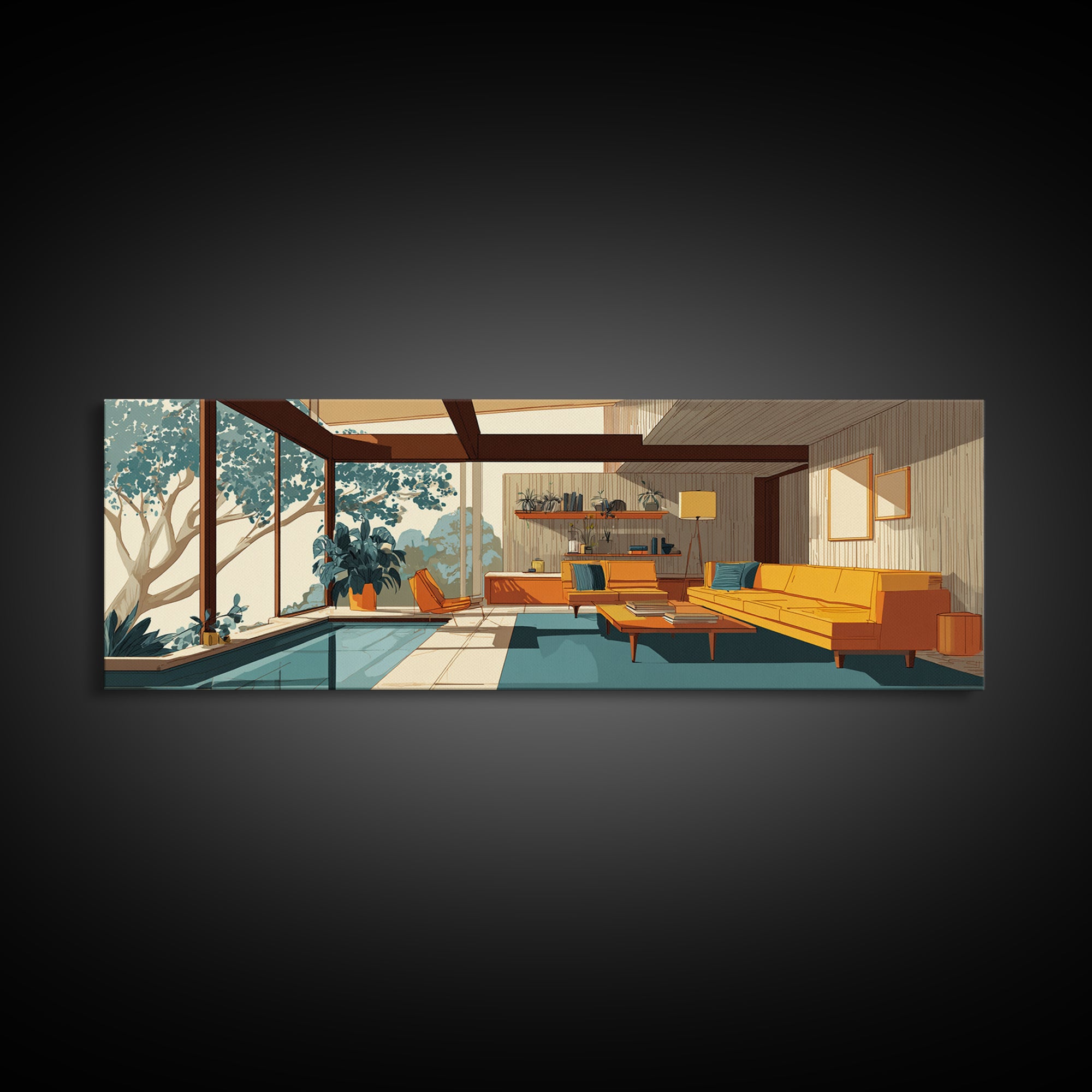 Glass Wall Living Room With Pool Wall Art, Midcentury Modern Decor, MCM Architecture, Retro Home Office Interior Design Canvas Print