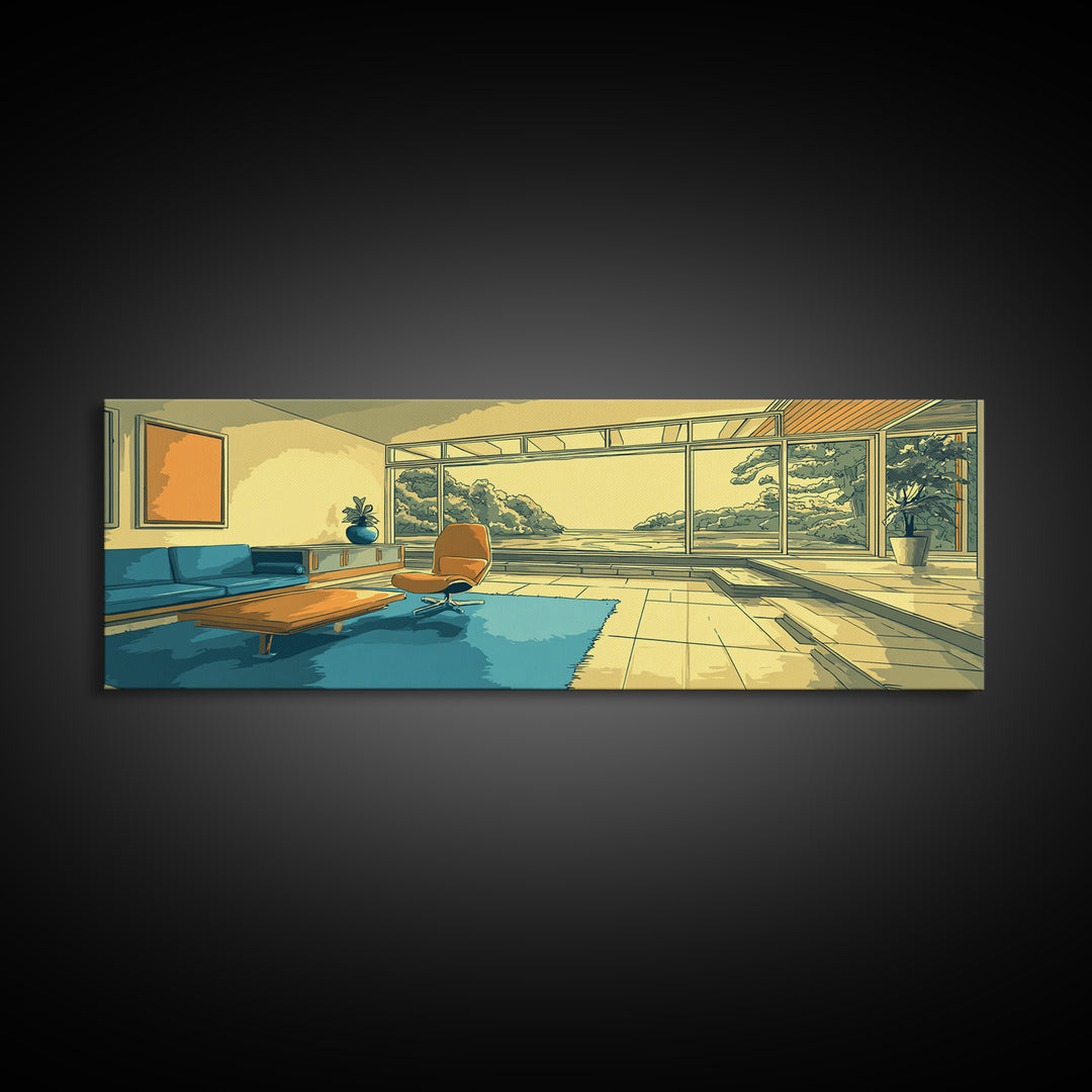 Teal Yellow Living Room With Mountain View Framed Canvas Print, Midcentury Modern Wall Decor, Retro MCM Architecture Home Art