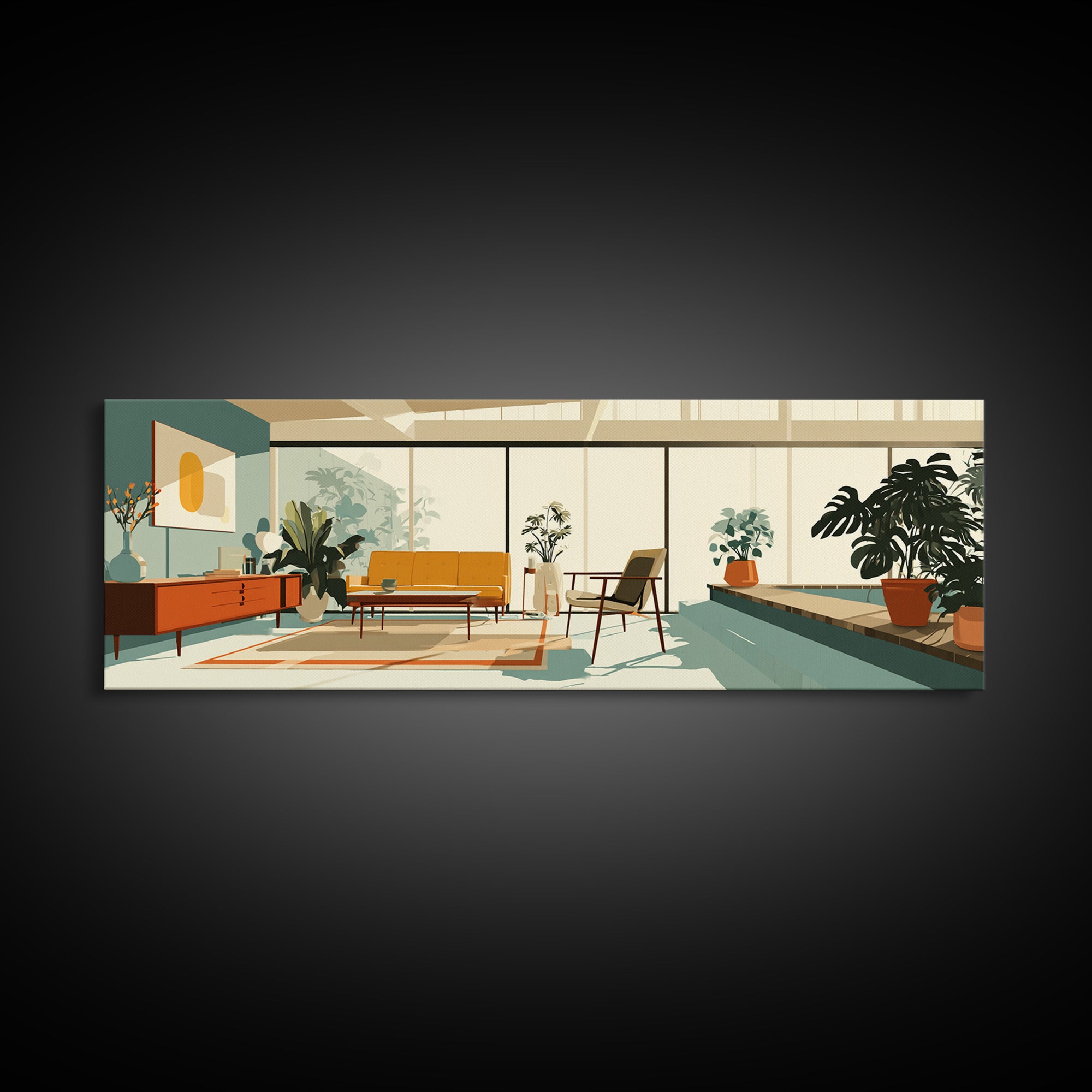 Sunny Plant Filled Living Room Wall Art, Midcentury Modern Decor, MCM Furniture, Retro Architectural Home Office Canvas Print