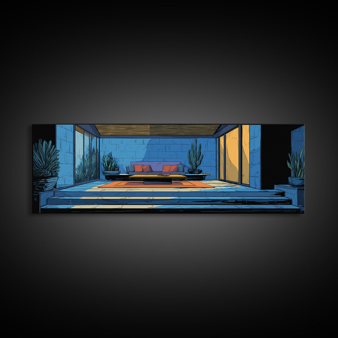 Blue Desert Courtyard With Cactus Wall Art, Midcentury Modern Decor, Retro Patio Architecture, MCM Large Framed Canvas Print
