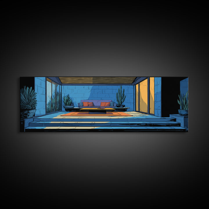 Blue Desert Courtyard With Cactus Wall Art, Midcentury Modern Decor, Retro Patio Architecture, MCM Large Framed Canvas Print