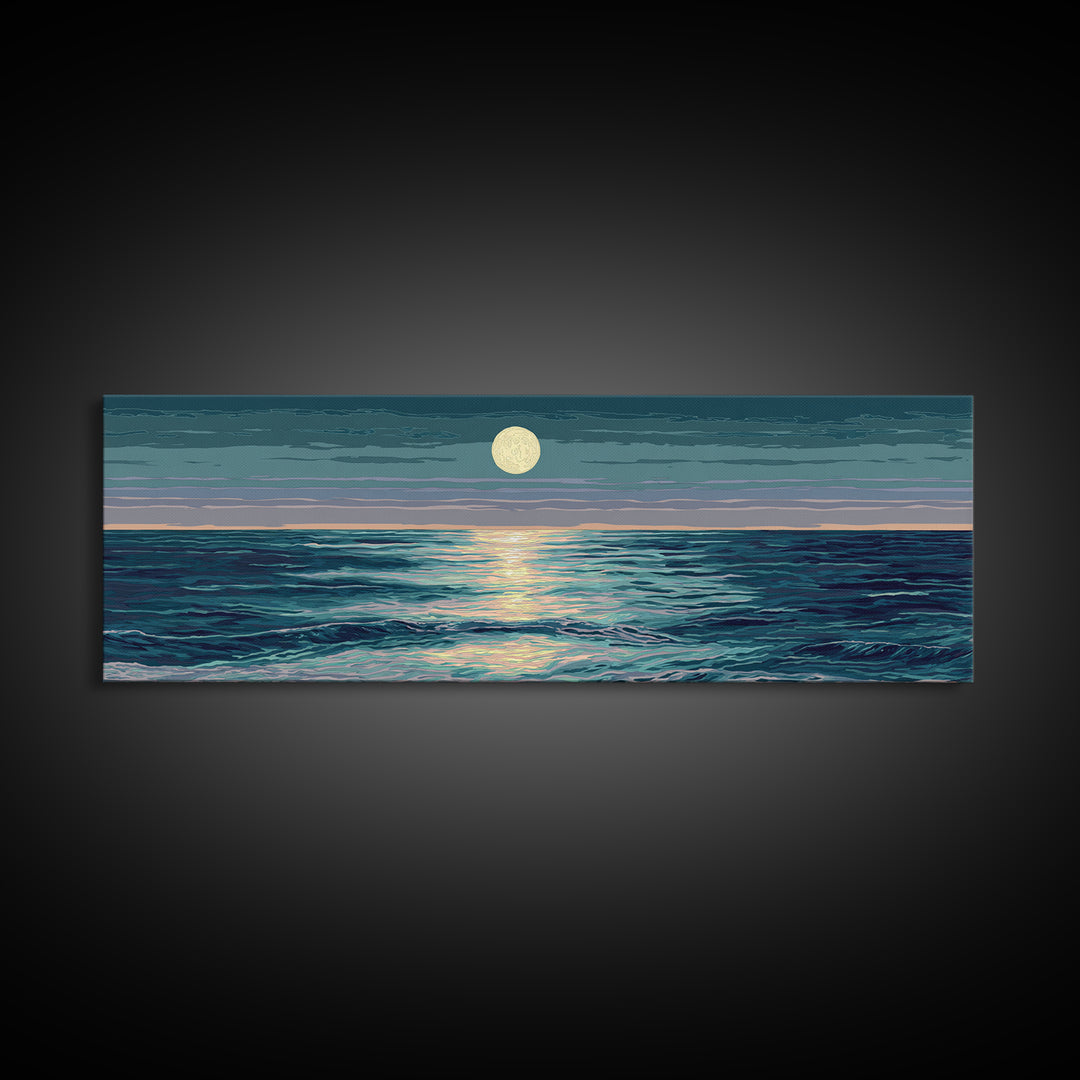 Moonlit Ocean Waves Under Full Moon Wall Art, Coastal Modern Decor, Blue Seascape, Serene Bedroom Living Room Canvas Print