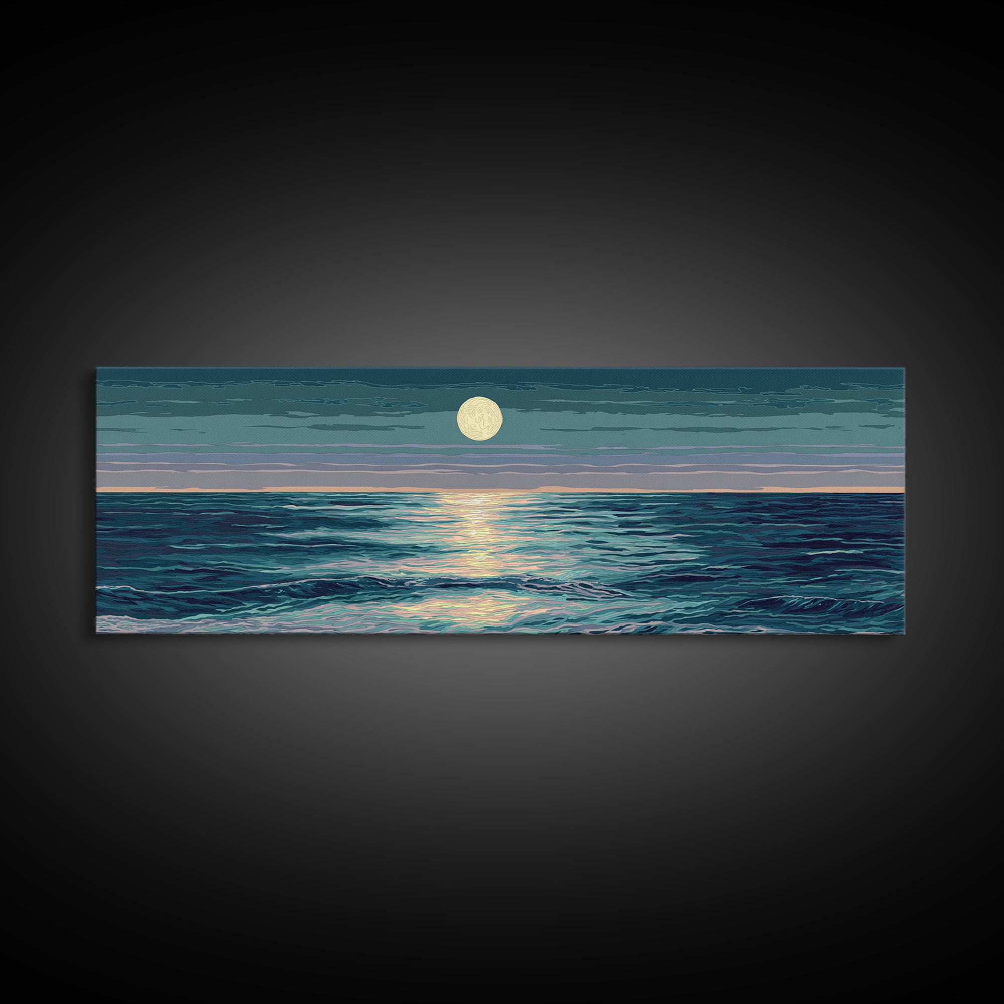 Moonlit Ocean Waves Under Full Moon Wall Art, Coastal Modern Decor, Blue Seascape, Serene Bedroom Living Room Canvas Print