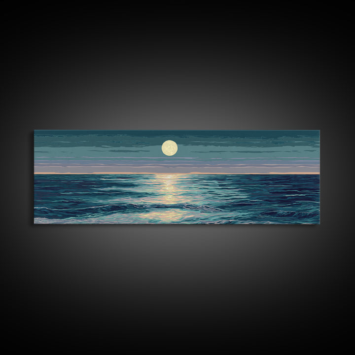 Moonlit Ocean Waves Under Full Moon Wall Art, Coastal Modern Decor, Blue Seascape, Serene Bedroom Living Room Canvas Print
