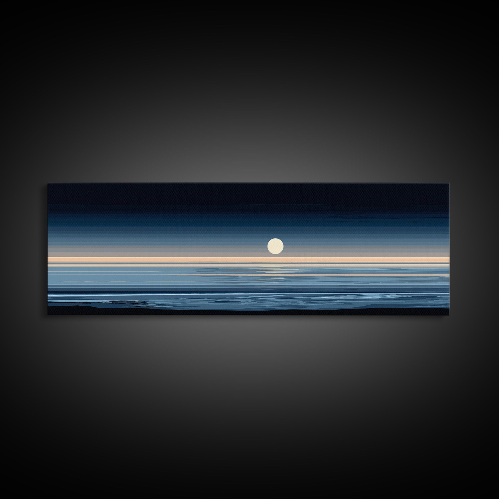 Minimal Moon Over Calm Horizon Wall Art, Modern Coastal Decor, Blue Abstract Seascape, Serene Bedroom Large Canvas Print