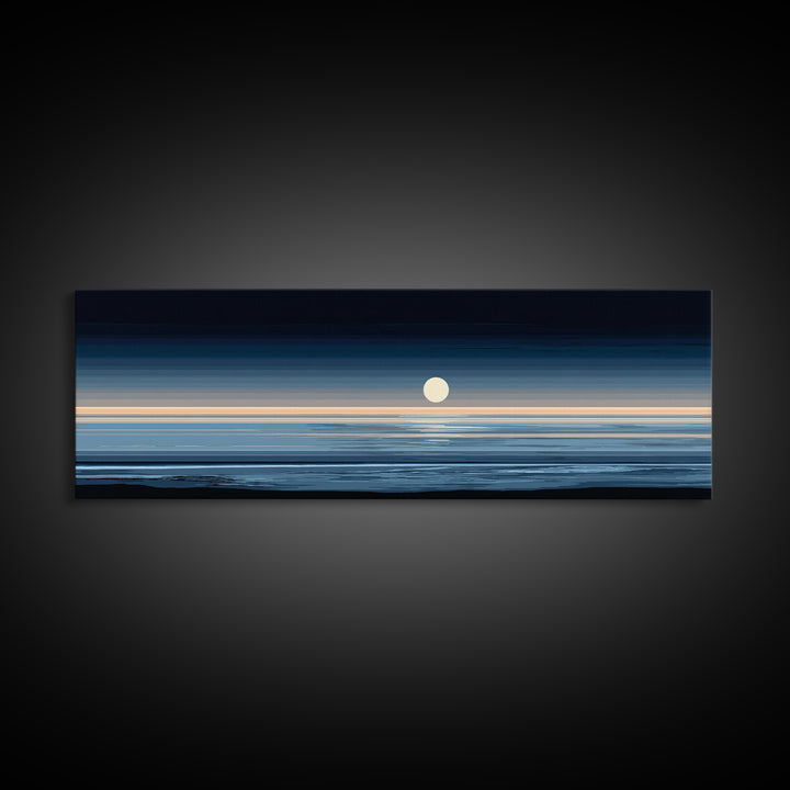 Minimal Moon Over Calm Horizon Wall Art, Modern Coastal Decor, Blue Abstract Seascape, Serene Bedroom Large Canvas Print