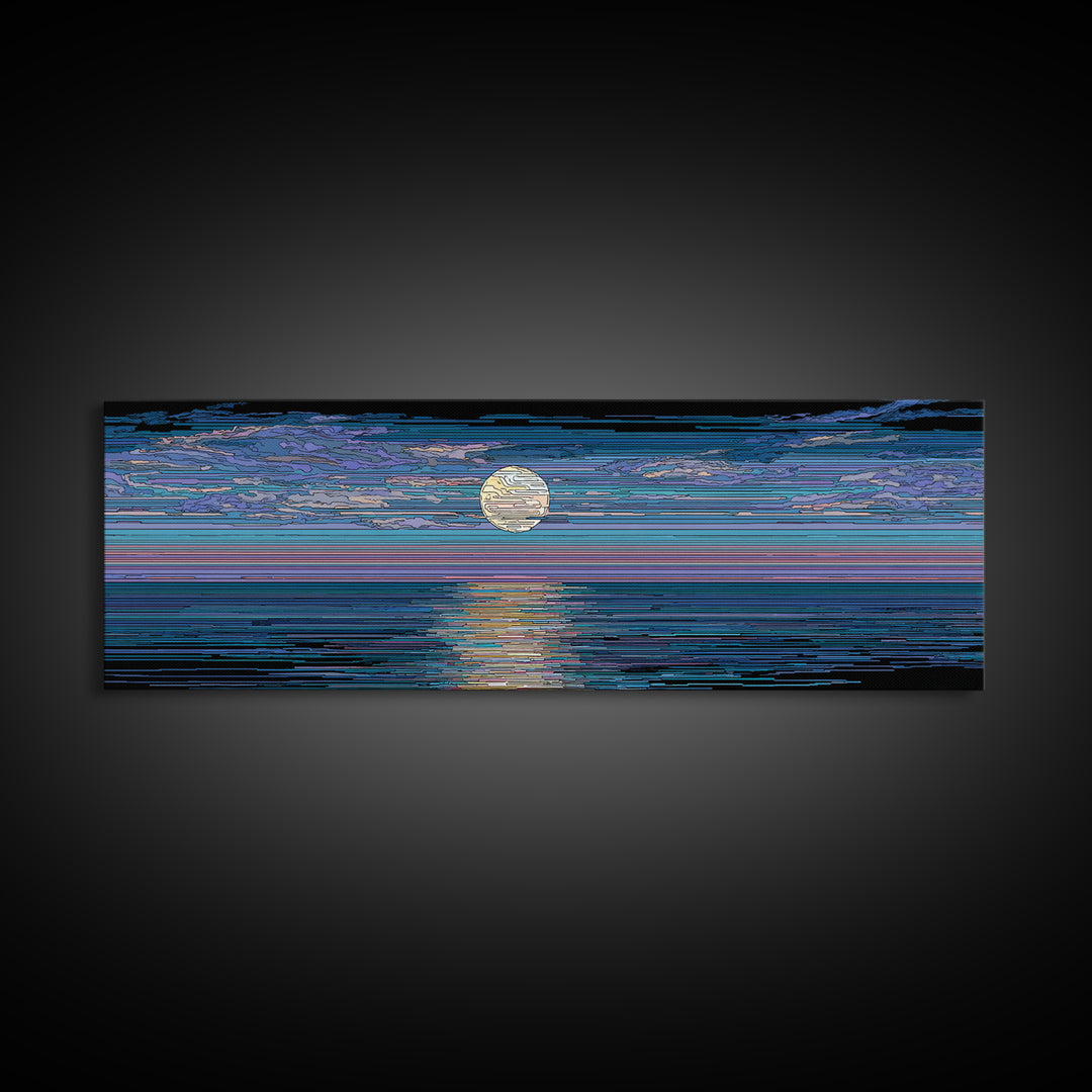 Striped Full Moon Ocean Reflection Wall Art, Modern Abstract Decor, Blue Coastal Seascape, MCM Retro Bedroom Canvas Print