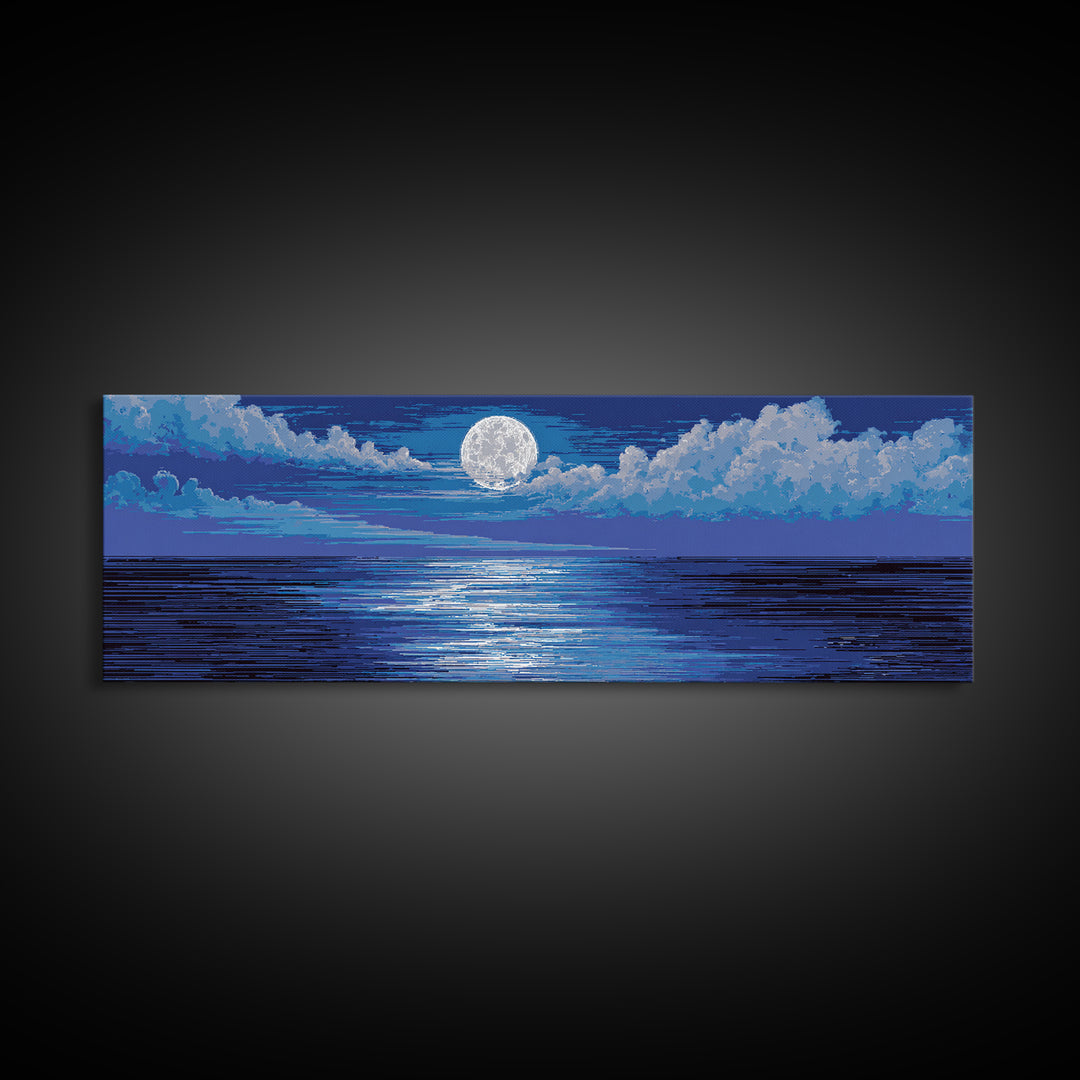 Bright Full Moon Over Blue Ocean Clouds Wall Art, Modern Coastal Decor, Serene Seascape, Bedroom Living Room Large Canvas Print