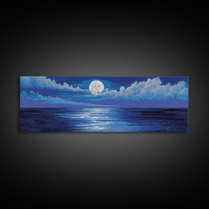 Bright Full Moon Over Blue Ocean Clouds Wall Art, Modern Coastal Decor, Serene Seascape, Bedroom Living Room Large Canvas Print