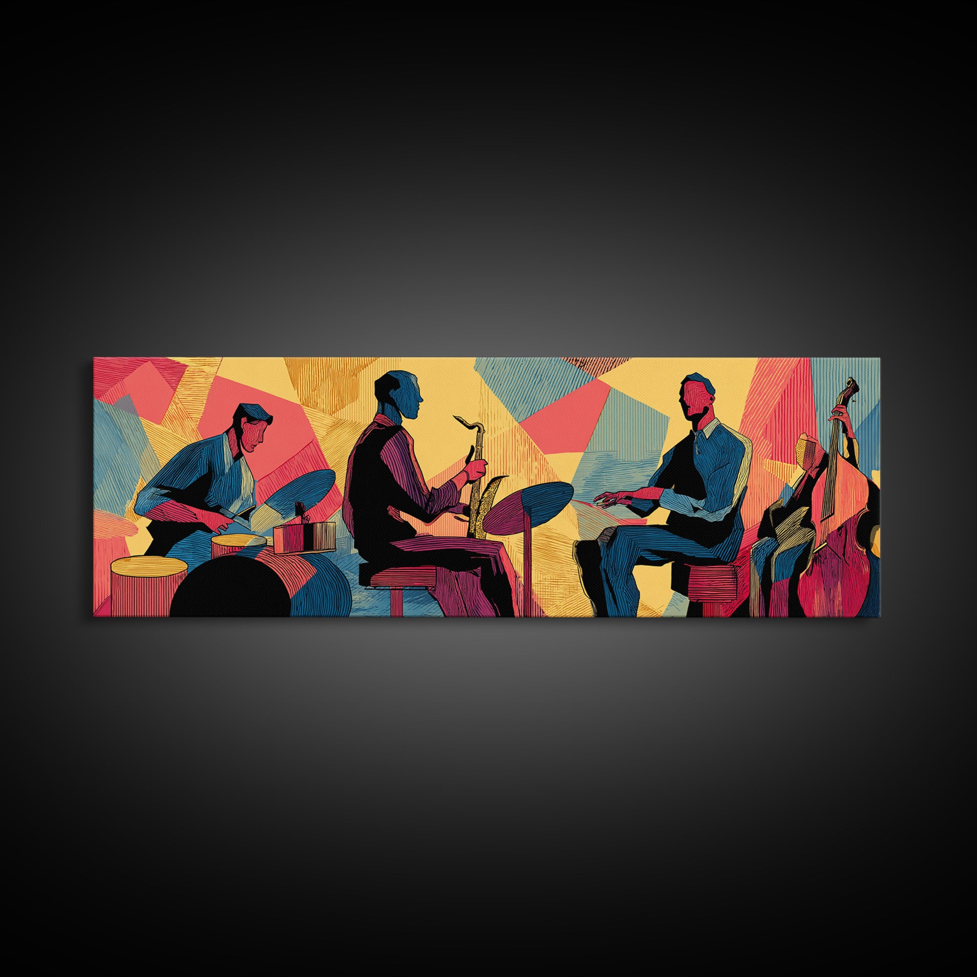 Vibrant Jazz Trio And Bass Canvas Print, Midcentury Modern Wall Art, Colorful Music Poster, Bold Retro Living Room Decor