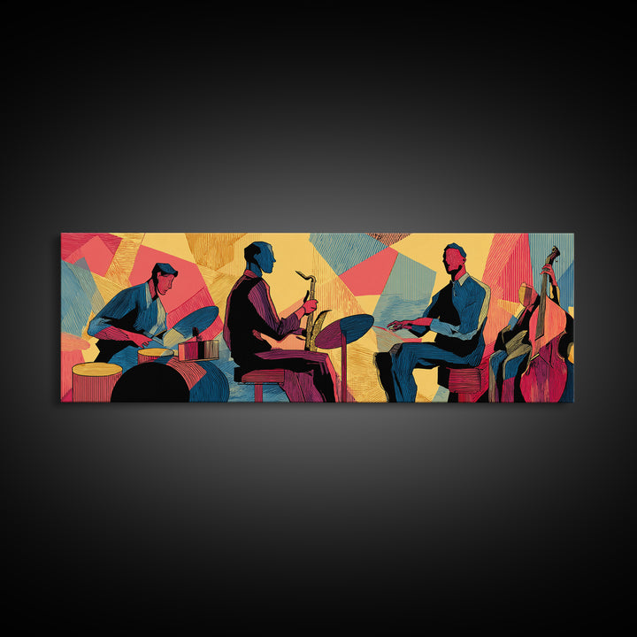 Vibrant Jazz Trio And Bass Canvas Print, Midcentury Modern Wall Art, Colorful Music Poster, Bold Retro Living Room Decor