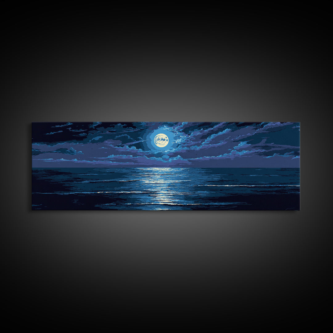 Dramatic Moonlit Ocean With Storm Clouds Wall Art, Modern Coastal Decor, Blue Seascape, Moody Bedroom Large Canvas Print
