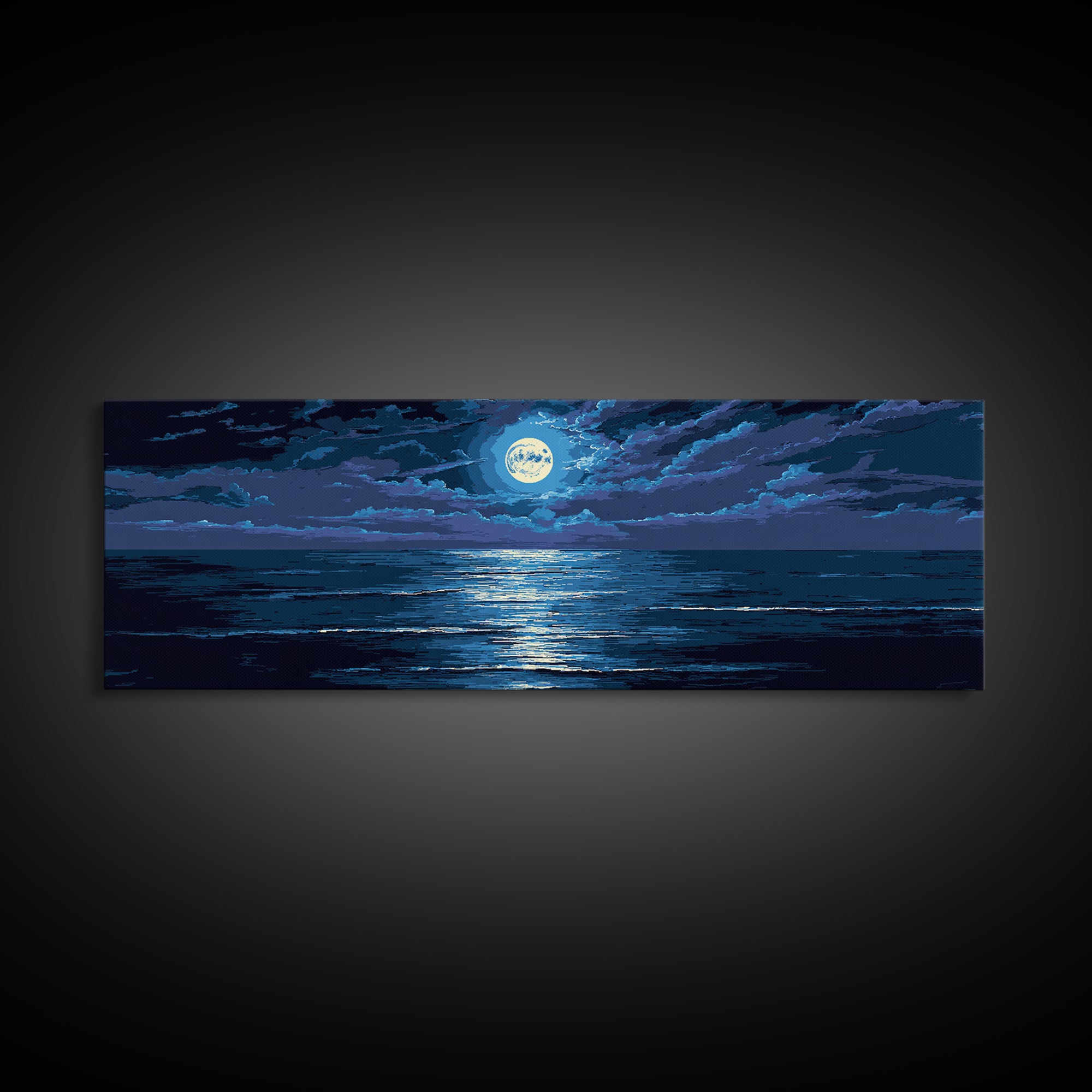 Dramatic Moonlit Ocean With Storm Clouds Wall Art, Modern Coastal Decor, Blue Seascape, Moody Bedroom Large Canvas Print