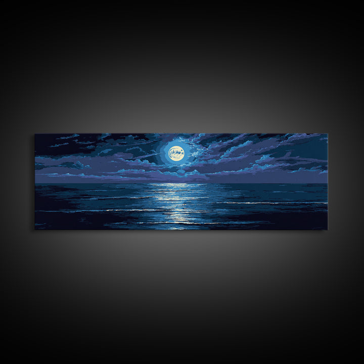 Dramatic Moonlit Ocean With Storm Clouds Wall Art, Modern Coastal Decor, Blue Seascape, Moody Bedroom Large Canvas Print
