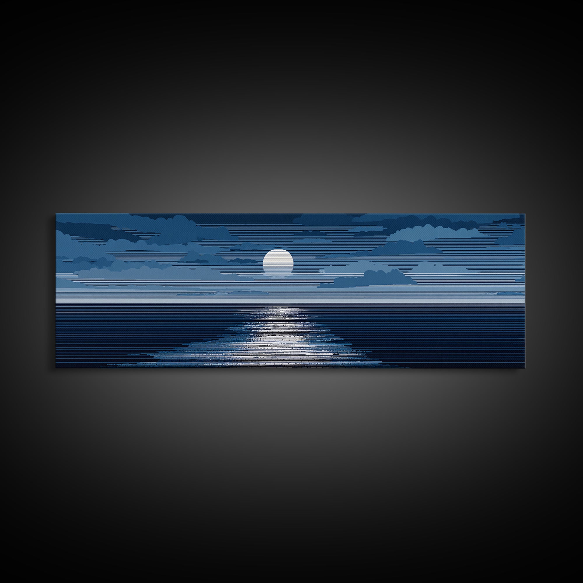 Blue Moonlit Ocean Horizon Wall Art, Mid Century Modern Seascape Print, Navy Coastal Decor, Serene Bedroom Artwork, Living Room Art