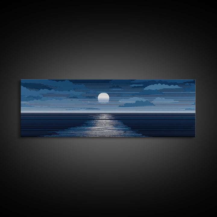 Blue Moonlit Ocean Horizon Wall Art, Mid Century Modern Seascape Print, Navy Coastal Decor, Serene Bedroom Artwork, Living Room Art