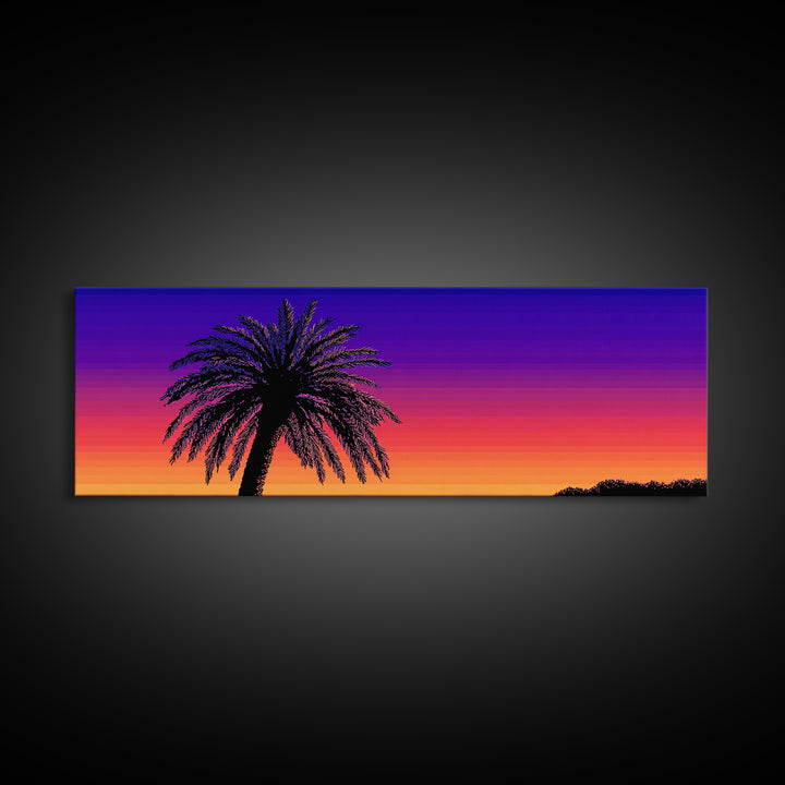 Vibrant Double Palm Sunset Framed Canvas Print, Retro 70s Wall Decor, Tropical Palm Springs Art, Colorful Bedroom Poster