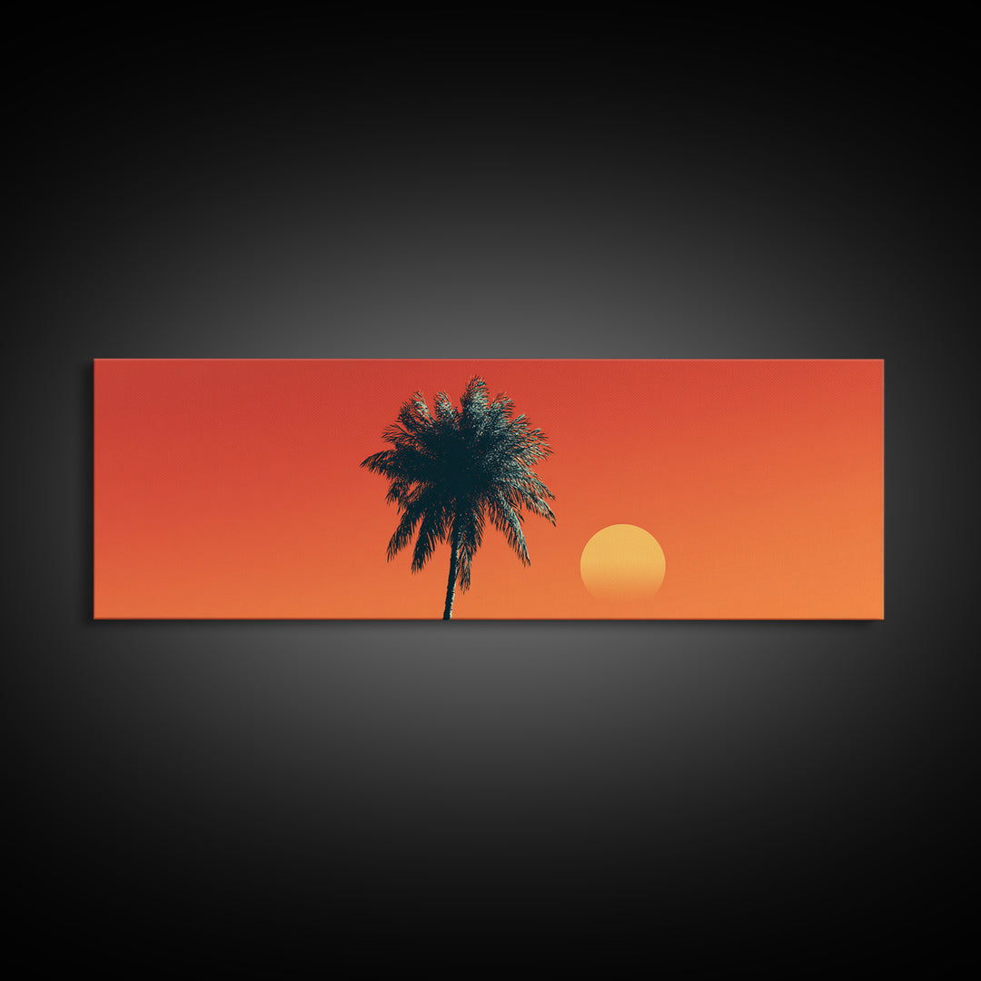 Orange Palm Silhouette Sunset Canvas Print, Mid Century Modern Tropical Wall Decor, Warm Coastal Art, Palm Springs Home Decor
