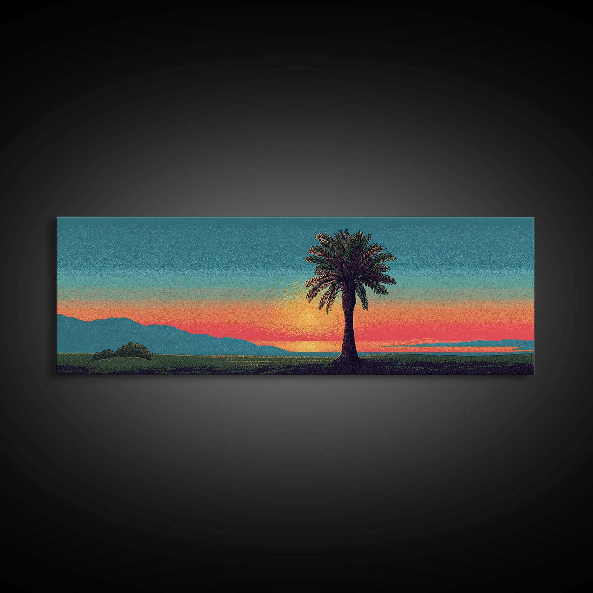 Grainy Palm Mountain Sunset Wall Art, Retro California Landscape Print, Teal Orange Mid Century Decor, Tropical Living Room Art