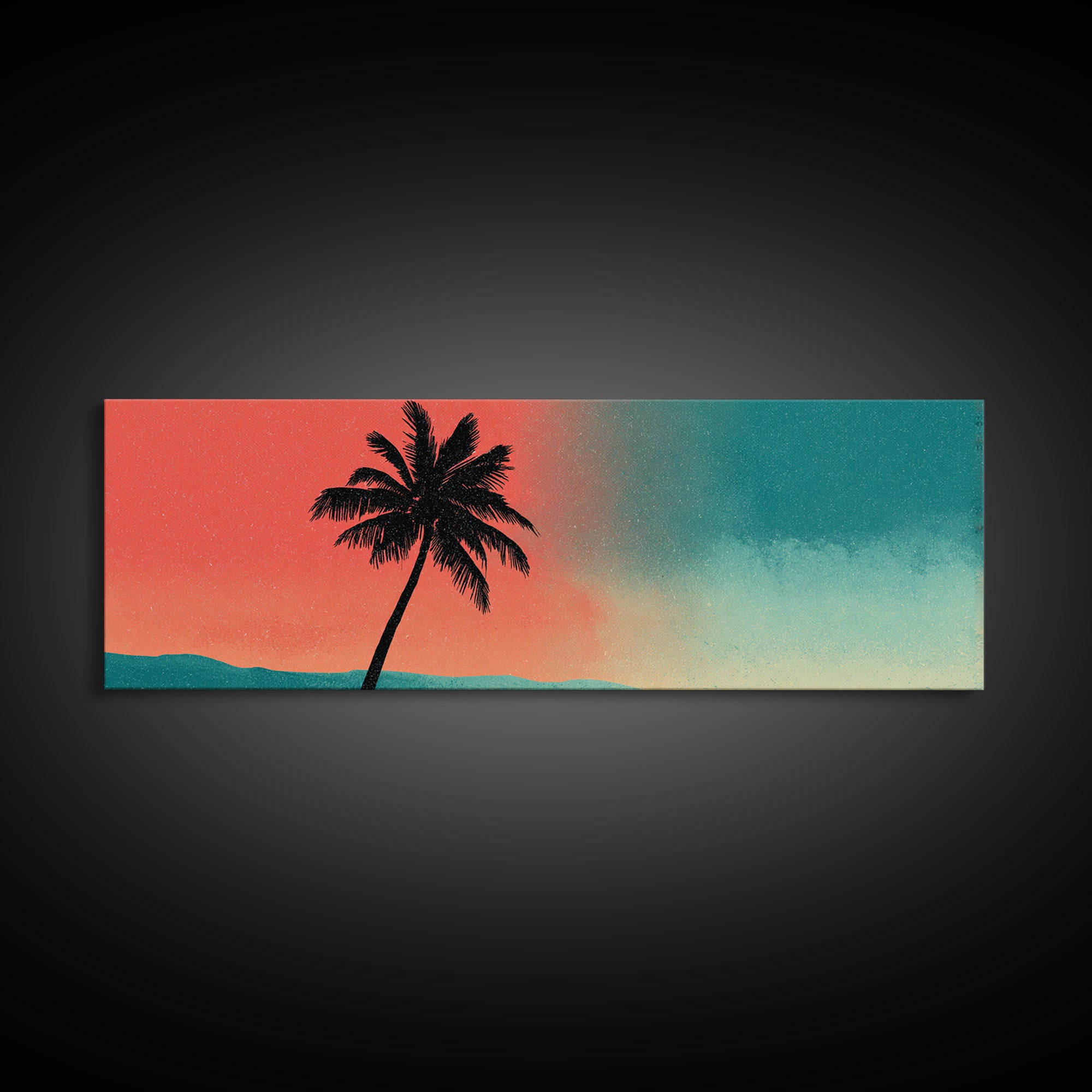 Leaning Palm Teal Coral Sky Wall Art, Retro Desert Landscape Print, Mid Century Modern Decor, Tropical California Poster