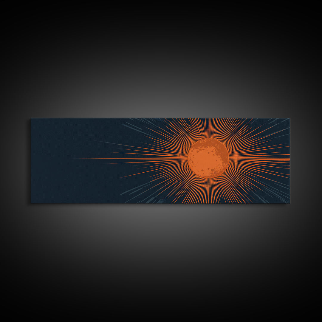 Orange Radiant Sunburst Wall Art, Atomic Mid Century Modern Print, Dark Navy Geometric Decor, Bold Solar Living Room Poster