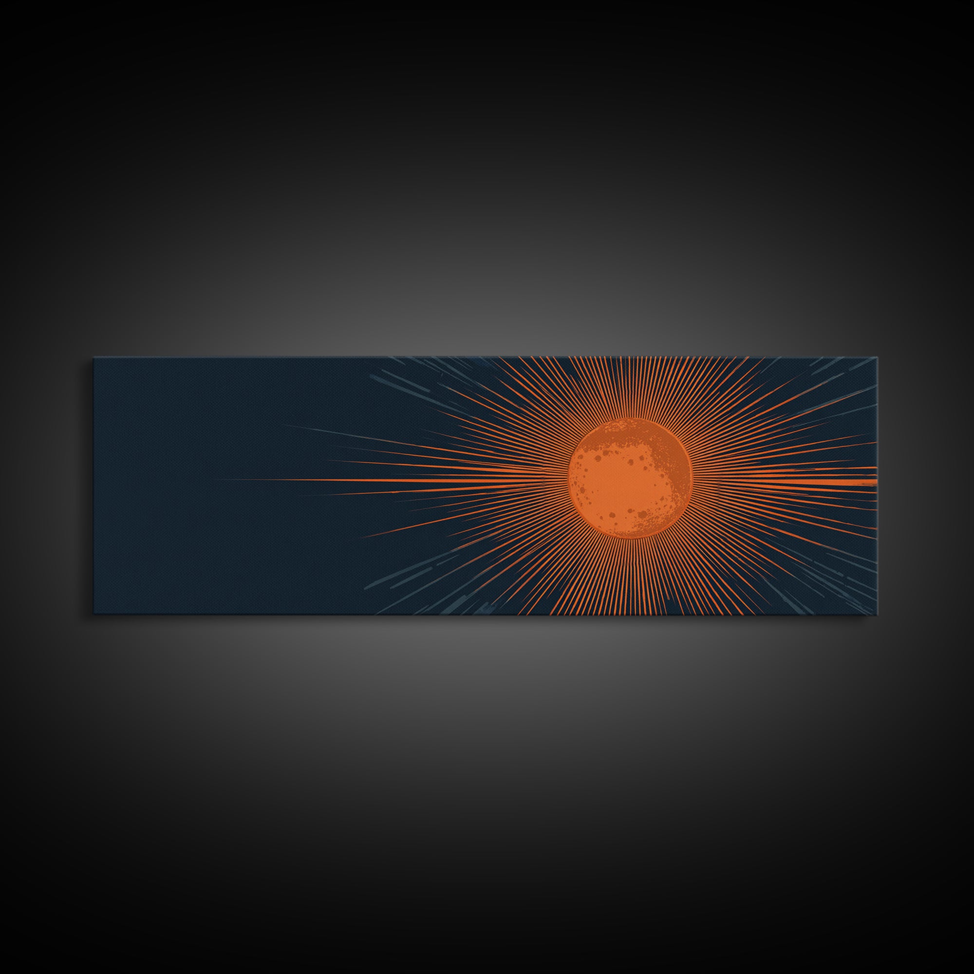 Orange Radiant Sunburst Wall Art, Atomic Mid Century Modern Print, Dark Navy Geometric Decor, Bold Solar Living Room Poster