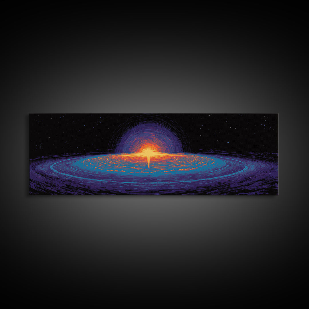 Cosmic Black Hole Galaxy Canvas Print, Retro Sci Fi Space Abstract Art, Neon Blue Orange Wall Decor, Modern Statement Poster