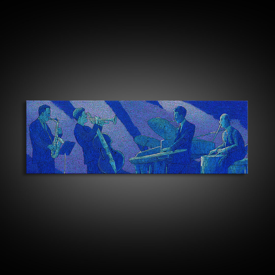 Blue Textured Jazz Ensemble Canvas Print, Modern Wall Art, Midcentury Music Poster, Cool Retro Living Room Home Office Decor