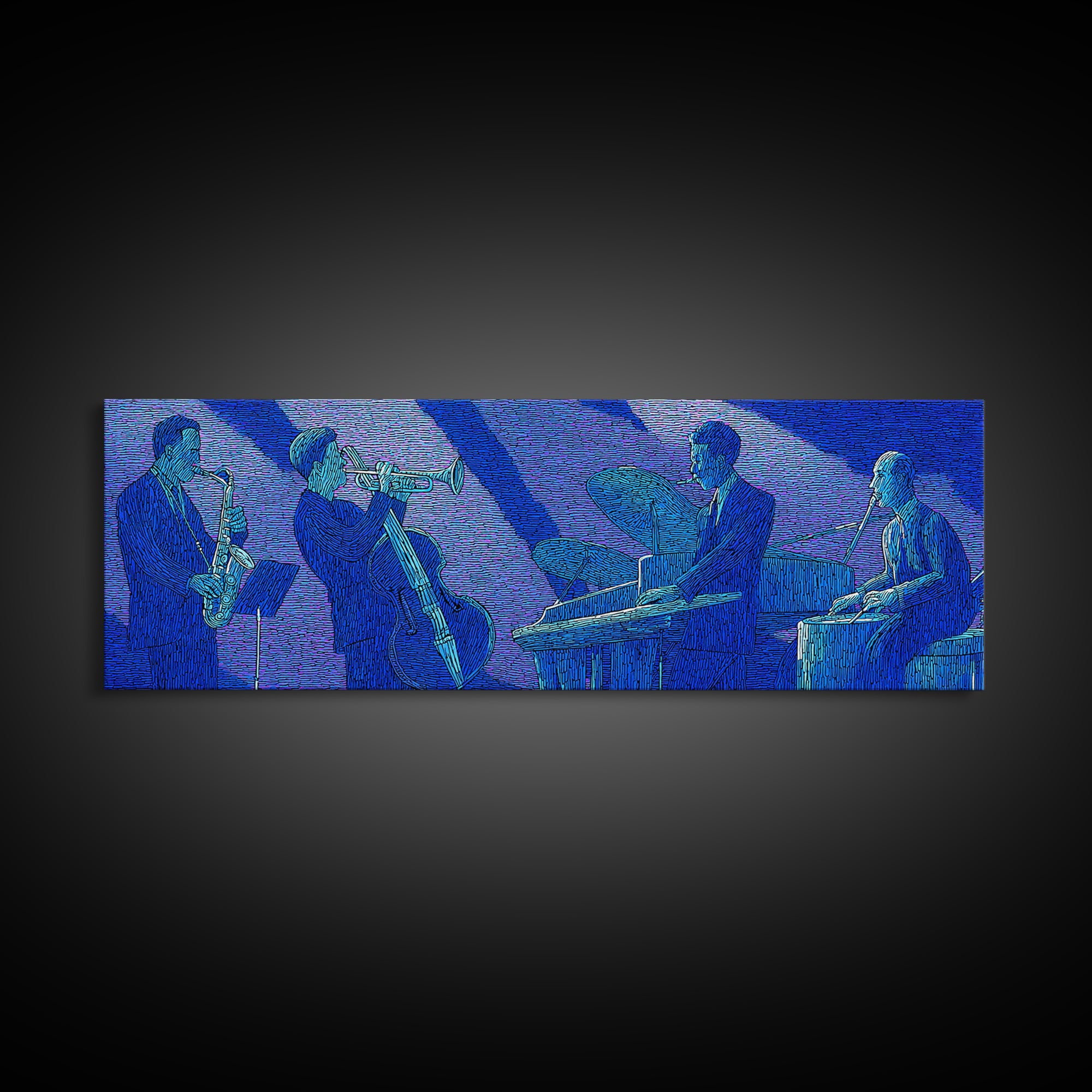 Blue Textured Jazz Ensemble Canvas Print, Modern Wall Art, Midcentury Music Poster, Cool Retro Living Room Home Office Decor