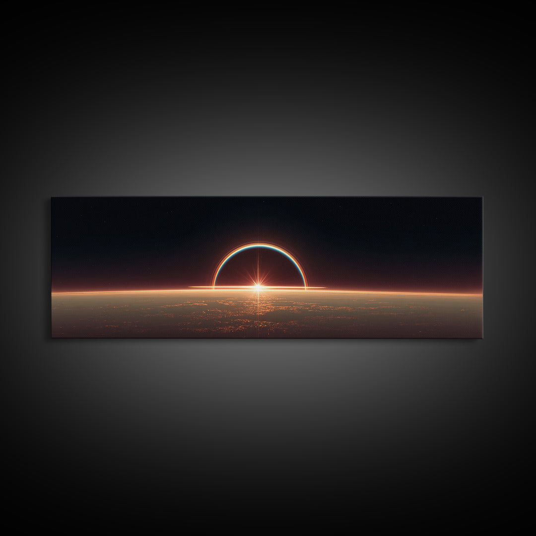 Futuristic Eclipse Horizon Framed Canvas Print, Sci Fi Planet Sunrise Wall Decor, Modern Space Art, Cinematic Living Room Poster