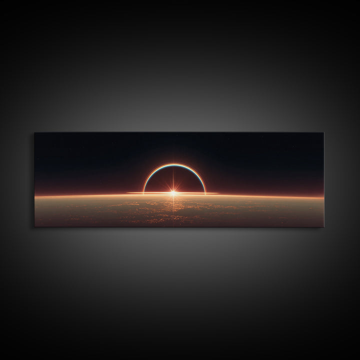 Futuristic Eclipse Horizon Framed Canvas Print, Sci Fi Planet Sunrise Wall Decor, Modern Space Art, Cinematic Living Room Poster