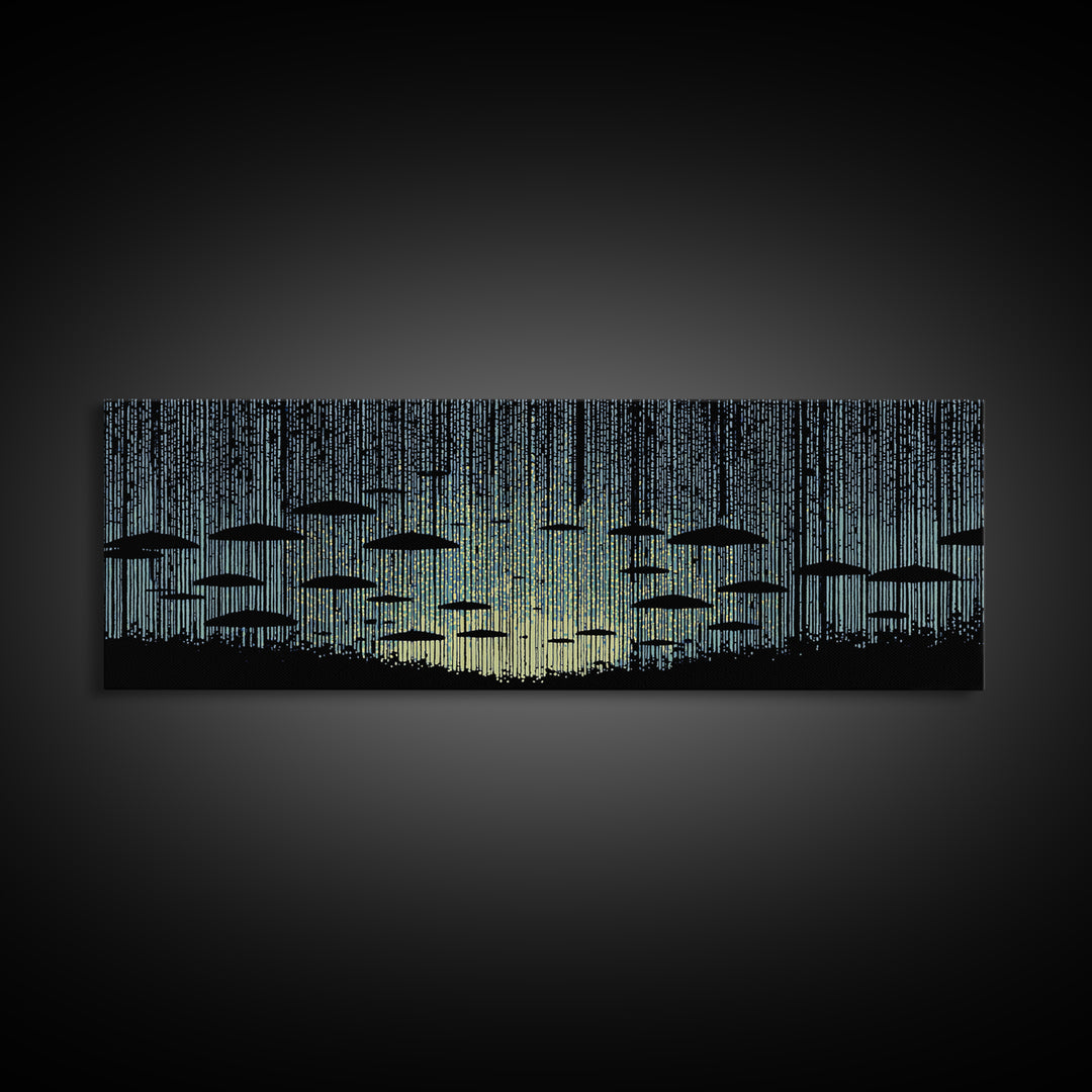 Blue Rain Umbrella Wall Art, Retro Illustration, Atmospheric Modern Art Print, Moody Bedroom Decor And Office Wall Decor