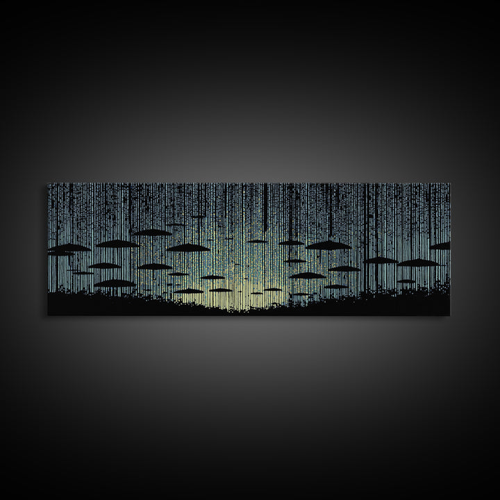 Blue Rain Umbrella Wall Art, Retro Illustration, Atmospheric Modern Art Print, Moody Bedroom Decor And Office Wall Decor