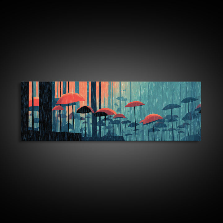 Teal Forest Umbrella Wall Art, Rainy Modern Art Print, Coral Blue Retro Decor, Atmospheric Living Room Canvas Print Gift