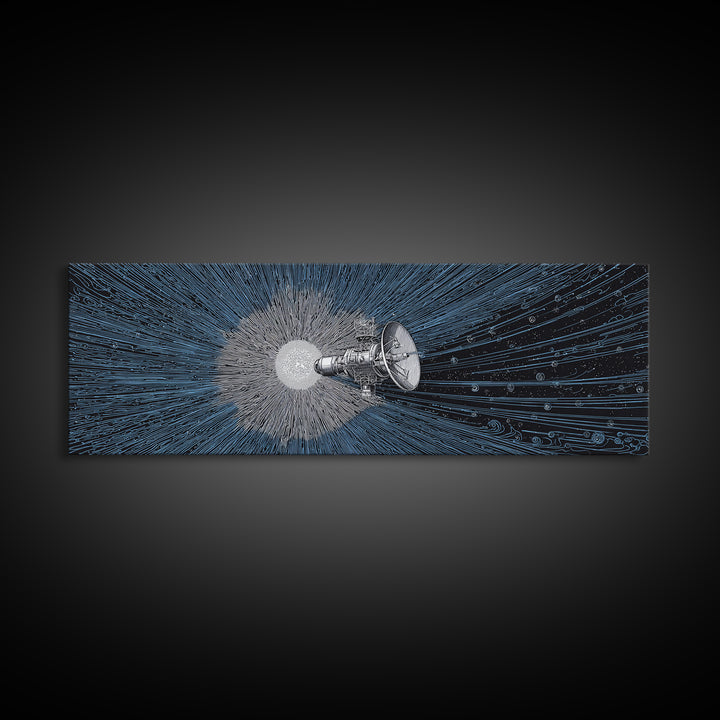 Deep Space Satellite Wall Art, Blue Sci Fi Retro Art, Modern Abstract Art Print, Large Panoramic Poster For Office Decor