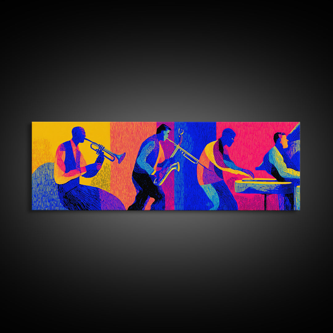 Bold Neon Jazz Band Canvas Print, Colorful Wall Art, Midcentury Modern Music Poster, Pop Art Funky Retro Living Room Decor