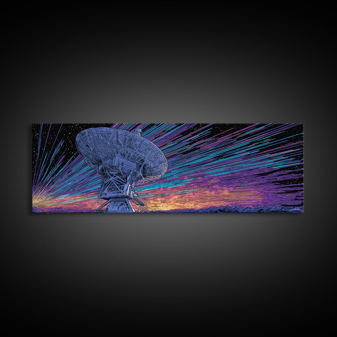 Neon Radio Telescope Canvas Print, Cosmic Retro Art, Large Sci Fi Retro Art, Modern Wall Decor For Home Office And Den Gift