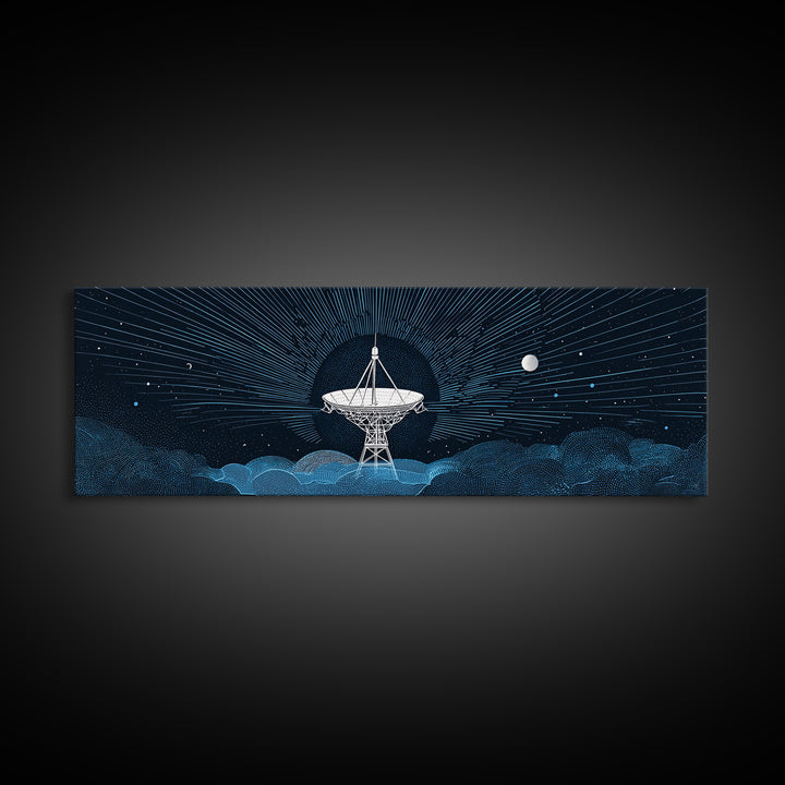 White Radio Telescope Moonlit Wall Art, Retro Sci Fi Observatory Print, Mid Century Modern Space Poster, Blue Panoramic Decor